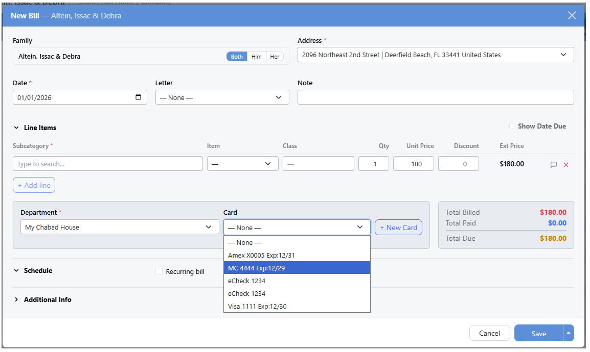 The New Bill window with the Card dropdown open, listing the family's saved cards and bank accounts beside a + New Card button, with the Schedule section below.
