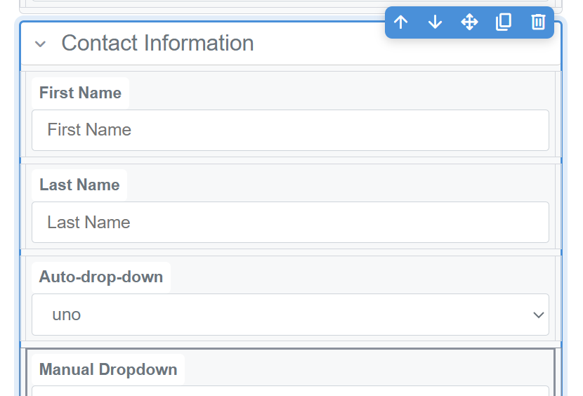 The Contact Information section selected, outlined in blue, with a toolbar above its top-right corner showing move up, move down, move somewhere else, duplicate and delete buttons.