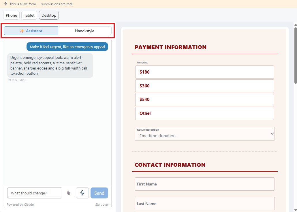 The Assistant and Preview split view. The Assistant and Hand-style mode tabs at the top of the design panel are boxed in red. The assistant conversation is on the left and the live preview of the form on the right.