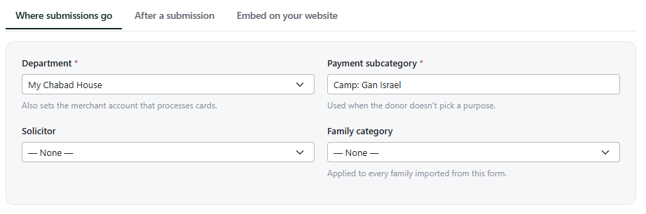 The Where submissions go screen, showing Department and Payment subcategory marked required with red asterisks, and Solicitor and Family category below them.