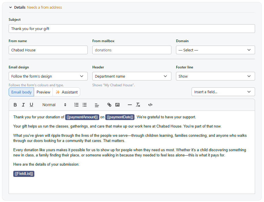 The Email Confirmation tab with the Details section expanded, showing Subject, From name, From mailbox, Domain, Email design, Header and Footer line. Below it are the Email body, Preview and Assistant view tabs and the Insert a field dropdown.