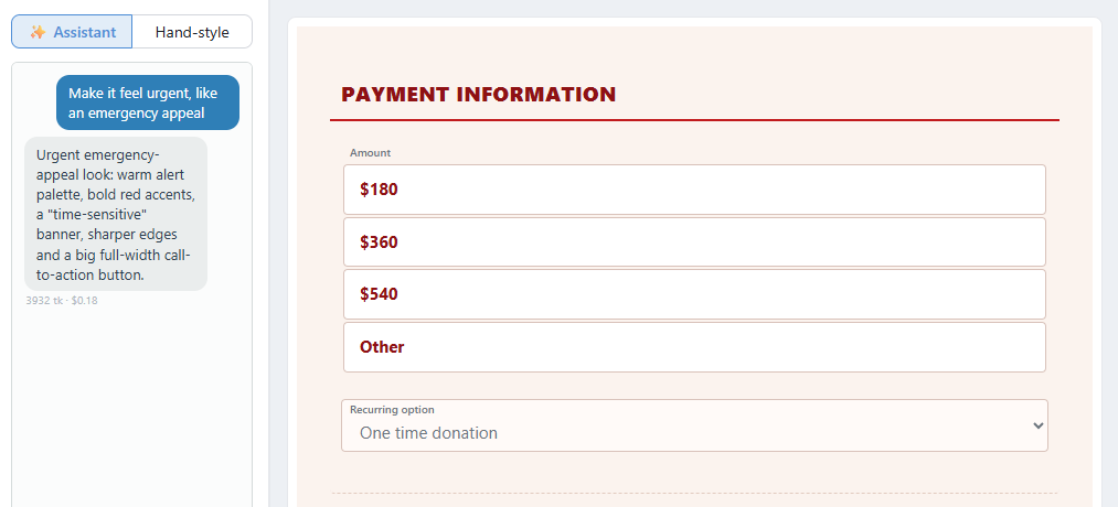 The design assistant. The request Make it feel urgent, like an emergency appeal, the assistant's reply describing a warm alert palette with bold red accents, and the preview showing the form redesigned in red.