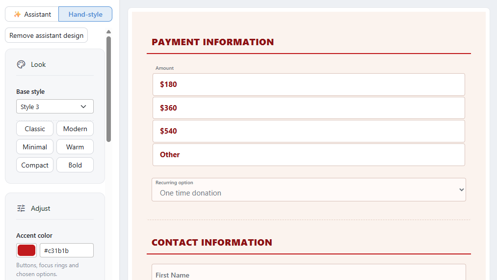 The Hand-style design panel with the Look and Adjust cards, beside a live preview of the form.
