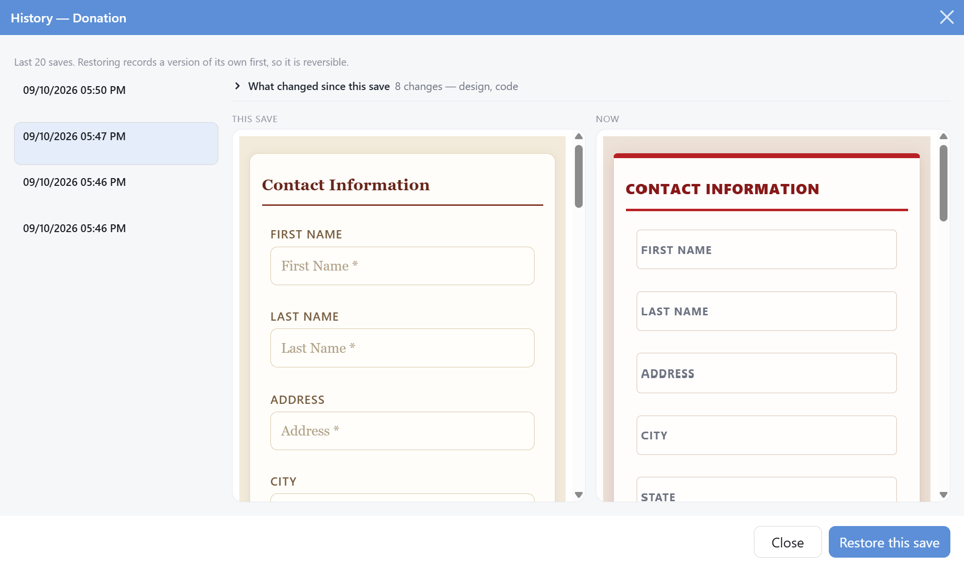 The History window for a donation form: the list of saves on the left, the What changed since this save heading, and below it an earlier save in a warm serif design beside the current form in bold red.