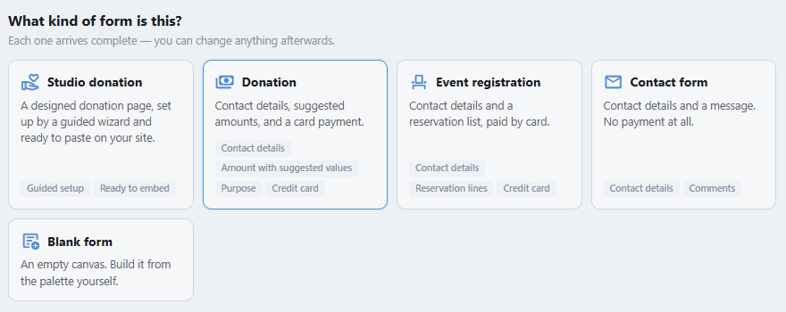 What kind of form is this? Cards for Studio donation, Donation, Event registration, Contact form and Blank form, each listing what the form arrives with.