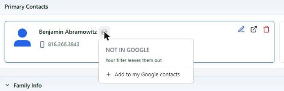The small Google icon on a member, open to show whether they are in Google and the three choices for changing it.