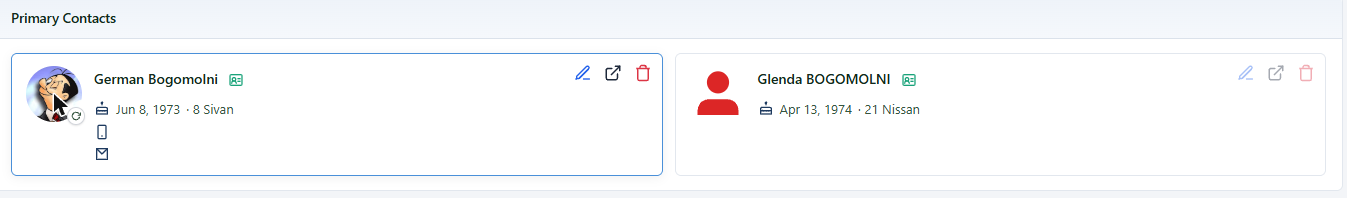 Two primary contacts side by side: one showing a photo borrowed from Google with a small refresh button in its corner, the other showing the plain silhouette.