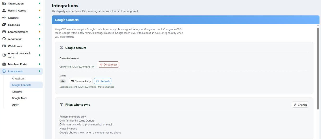 The Google Contacts settings page with an account connected, showing its status, the running activity list, and the filter below.