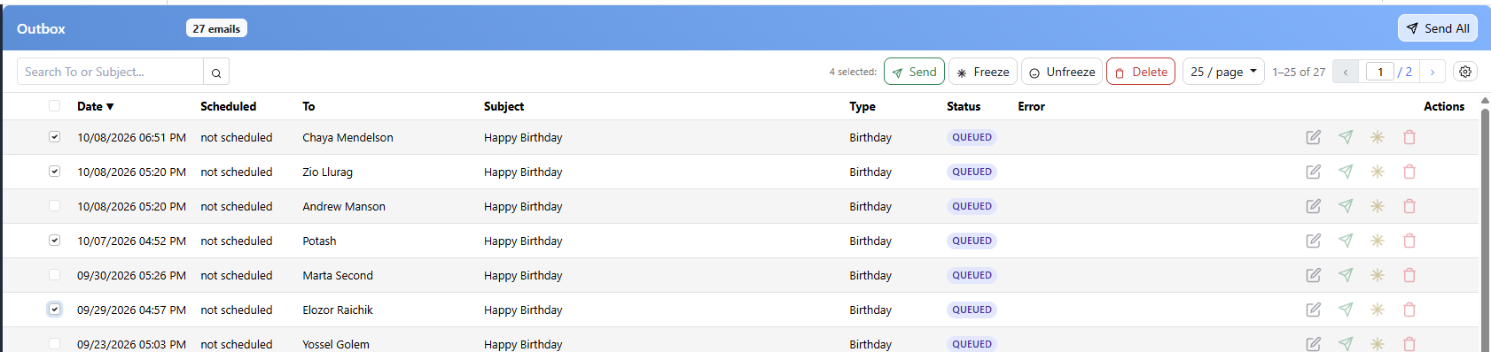 The Outbox list: queued birthday emails with their date, scheduled time, recipient, subject, type and status, four rows ticked and the Send, Freeze, Unfreeze and Delete buttons active above them.