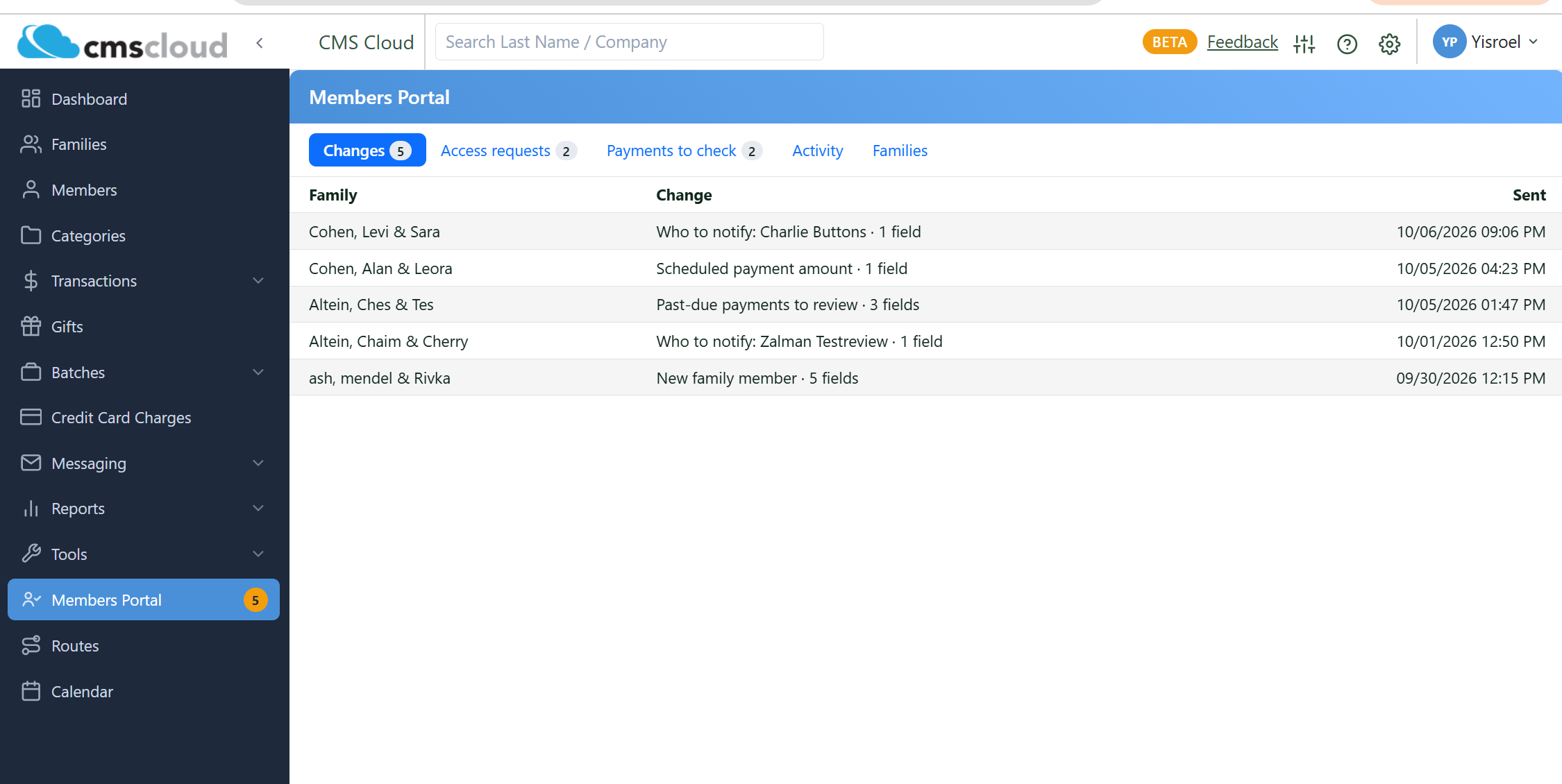 The Members Portal page on the Changes tab, listing families, what each change is about and when it was sent, with the sidebar showing a count.