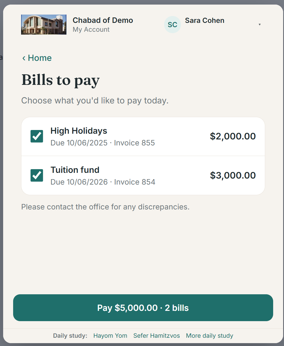 Bills to pay: two bills ticked, each with its due date, invoice number and amount, and a Pay button showing the total.