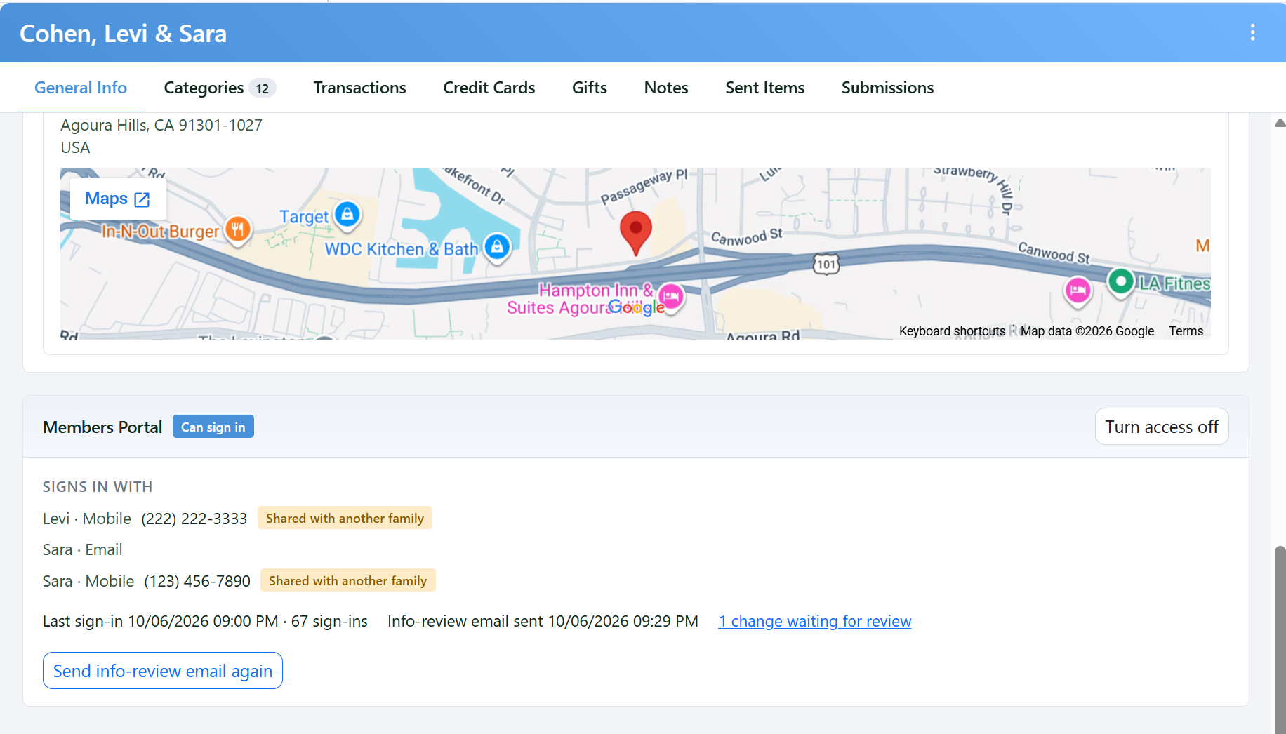 The Members Portal section on a family's General Info tab: the contacts that can sign in, the last sign-in, a link to a change waiting for review, Turn access off, and Send info-review email again.