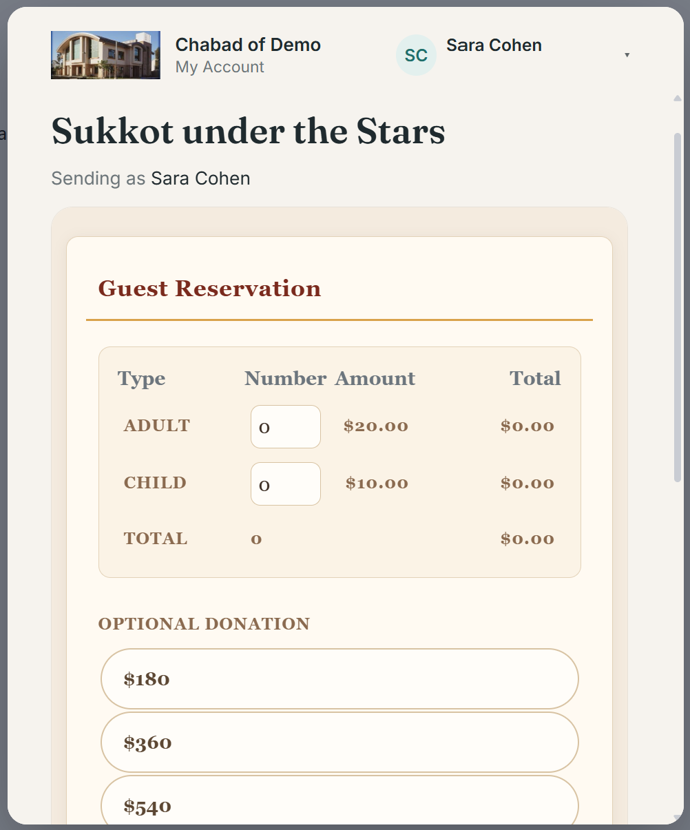 A form open in the portal, showing who it is being sent as, above the form's own reservation table and donation amounts.