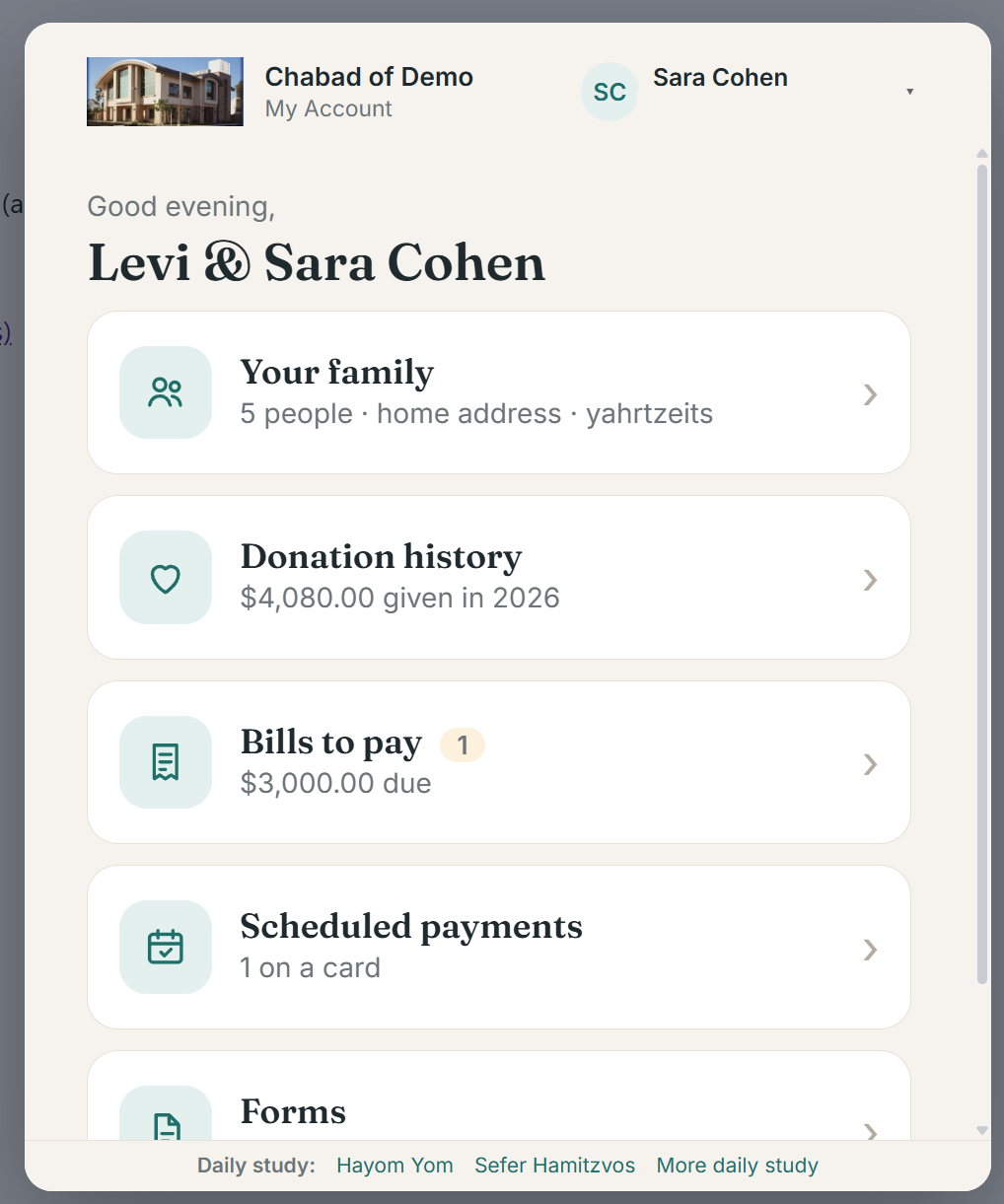 A member's home screen: a greeting with the family name, and cards for Your family, Donation history, Bills to pay, Scheduled payments and Forms.