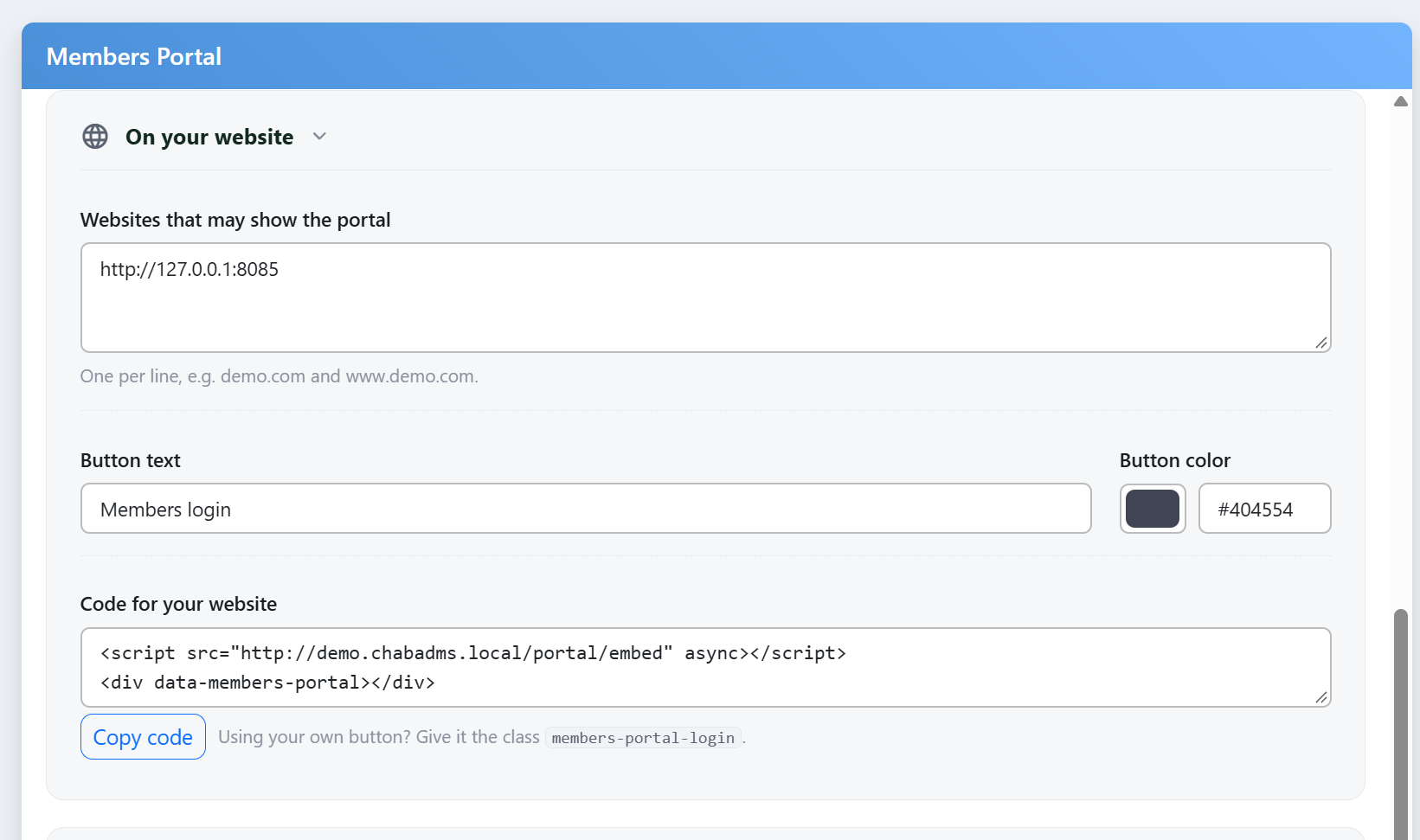 The On your website section: the list of websites that may show the portal, the button text and color, and the code to copy.