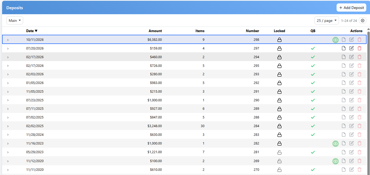 The Deposits list with a QB column: a green QuickBooks icon on deposits that have not been sent, and a green check mark on the ones already in QuickBooks.
