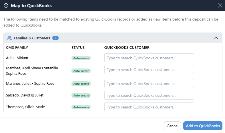 The Map to QuickBooks window, Families and Customers section: five families, each marked Auto-create, with a box to search QuickBooks customers beside it.