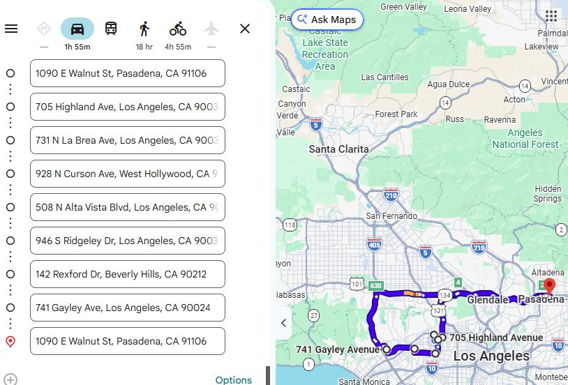 Google Maps opened from the route link, listing the stops in order down the left side with the drive highlighted on the map and a total of 1 hour 55 minutes.