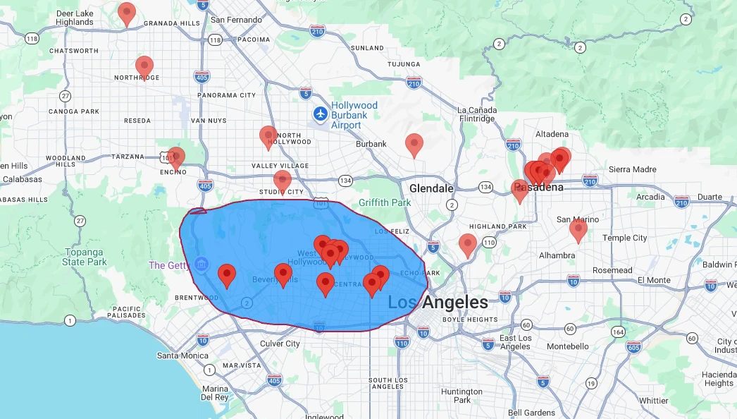 A map of Los Angeles covered in red pins, with a hand-drawn circle around the pins in the Beverly Hills and West Hollywood area.