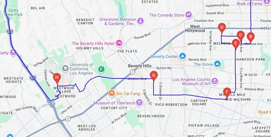The same area with the drive drawn as a blue line running between stops lettered B through H.