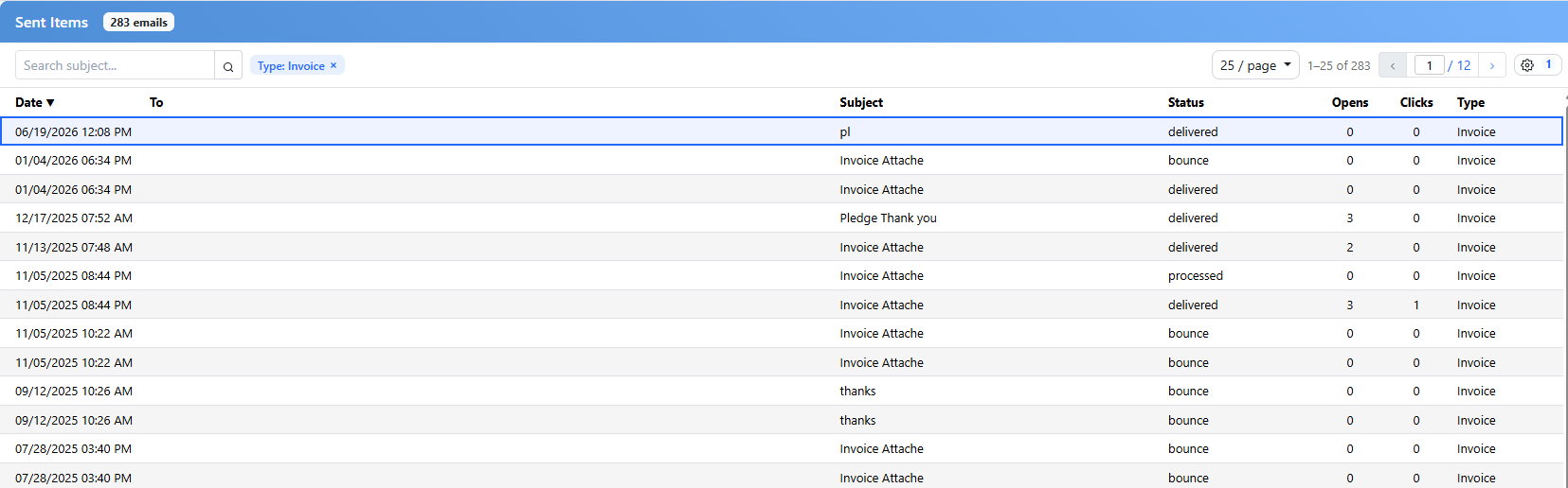 The Sent Items list: a search box, a Type filter chip, and columns for Date, To, Subject, Status, Opens, Clicks and Type, with rows showing delivered, bounce and processed.